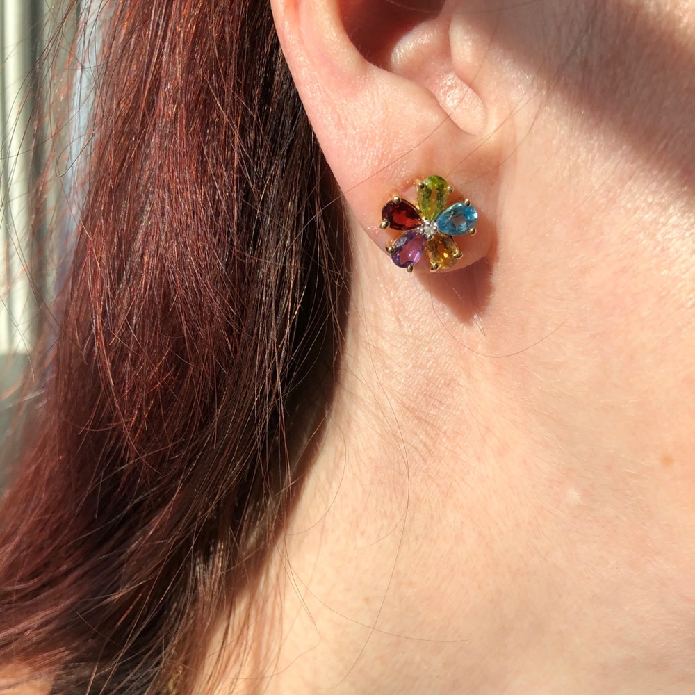 14k gold with 5 semi precious stones earrings - Picture 7 of 8